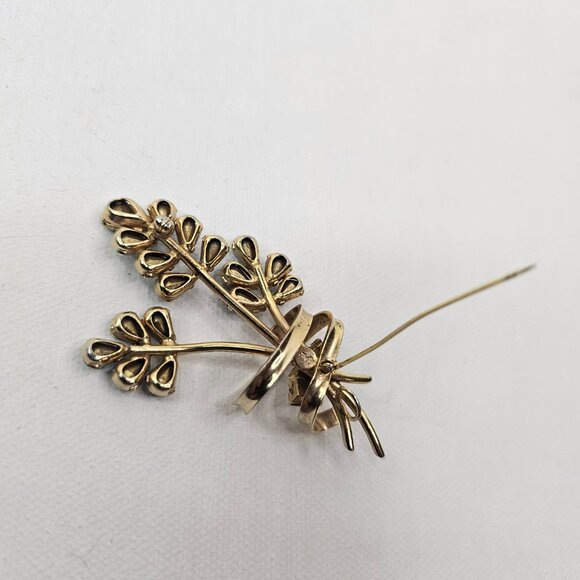 Phyllis Gold Tone Flower Brooch Blue Clear Rhinestone Open Back Bouquet Pin - Picture 3 of 8